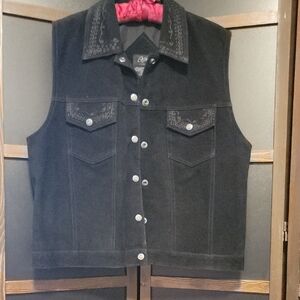 Black Leather Vest with Embroidered Details